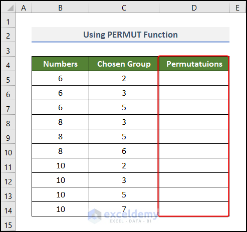 Using PERMUT Function to do permutations without repetitions in Excel