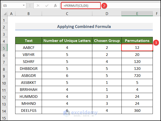 Applying the Combination of Multiple Functions to do permutations without repetition in Excel