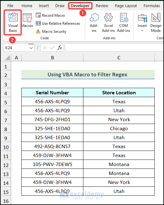 Initiate VBA Editor to filter RegEx patterns in Excel