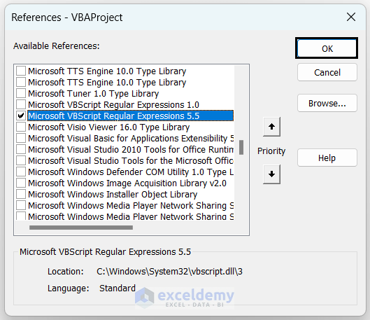 The Microsoft VBScript Regular Expressions 5.5 checkbox marked from References - VBProject window.