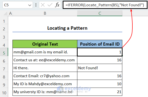 Locating RegEx pattern of email in Excel