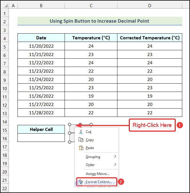 Setting Format Control of Spin Button to use the Spin Button to increment decimal in Excel