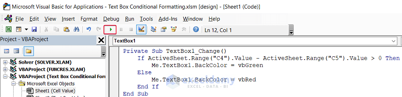 running code to use conditional formatting on text box in excel