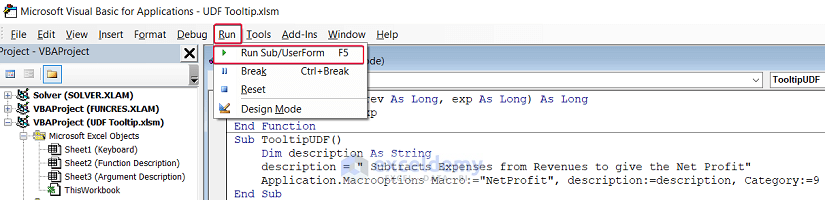 running vba code to add tooltip to udf in excel