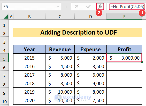 selecting insert function option to add tooltip to udf in excel