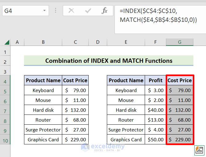 Output of Combining INDEX and MATCH Functions to Merge Tables