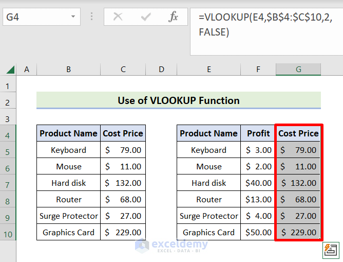Output of Utilizing Excel VLOOKUP Function to Join Two Tables