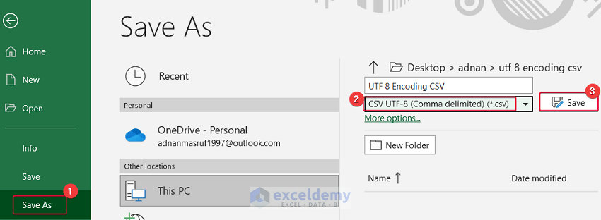 using save as command to apply utf 8 encoding on csv file in excel