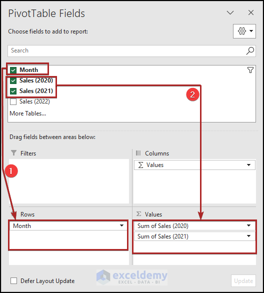 PivotTable fields and areas