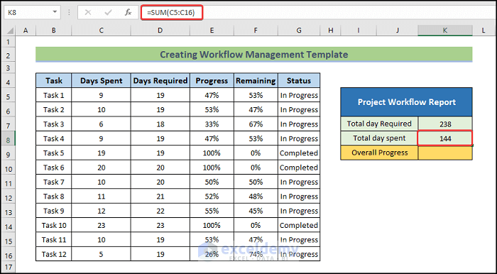 calculate total day spent to Create Workflow Management Template