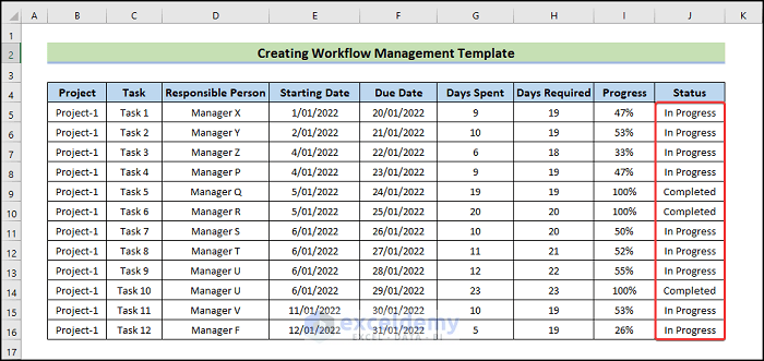 input the status to Create Workflow Management Template