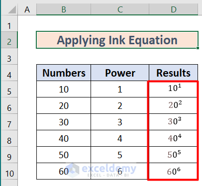 Applying Excel Ink Equation to Make Exponent in Text