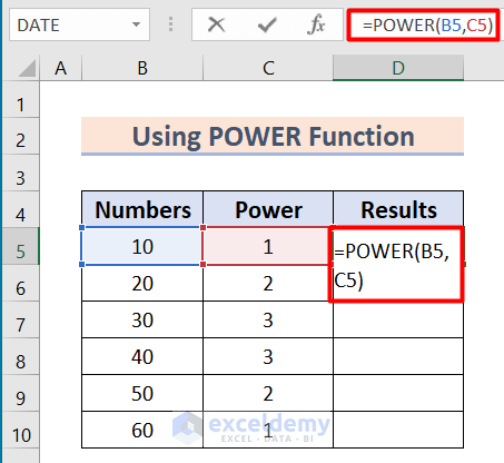 Use of the POWER Function to exponent in excel text