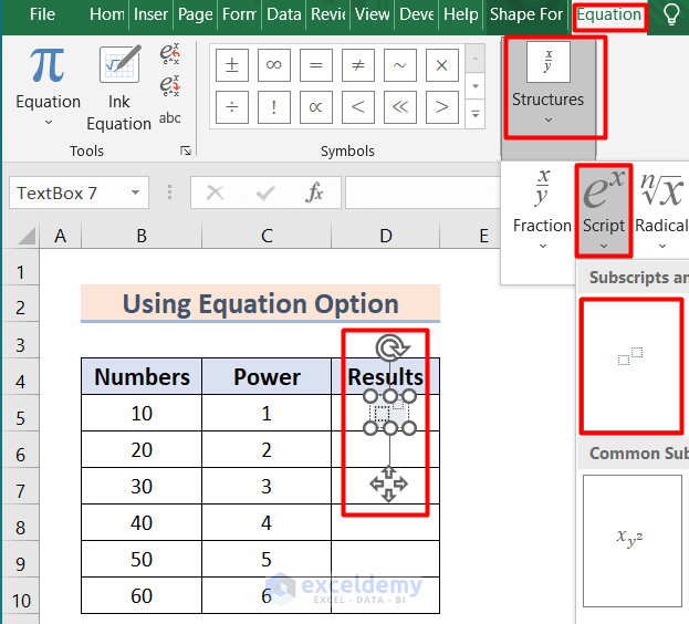 Use of Equation Option to Make Exponent in Excel Text