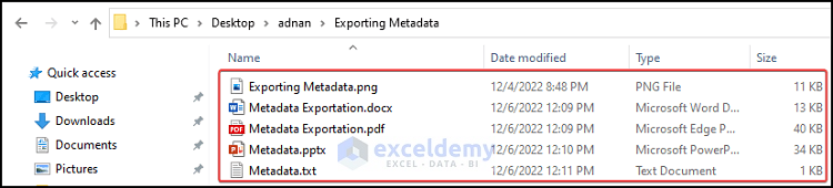 export file metadata to excel