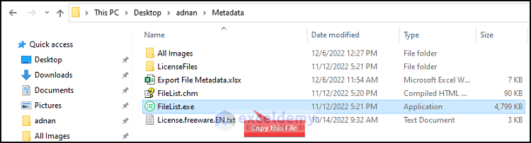 copying exe file to export file metadata to excel