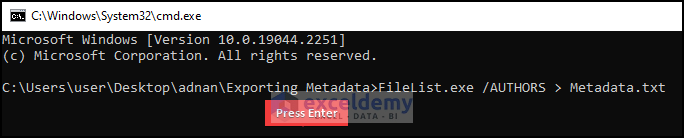 writing command to export file metadata to excel