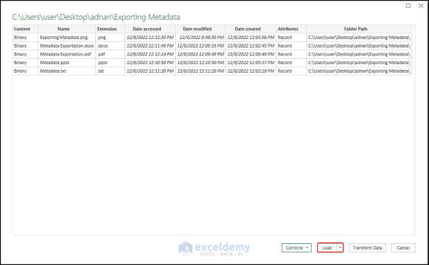 loading meta data to export file metadata to excel