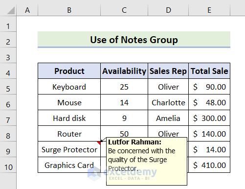 Output of Utilizing Review Tab to Insert Floating Comment in Excel