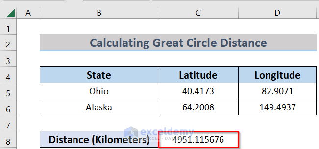 Final Result to Find Great Circle Distance Using Excel Formula