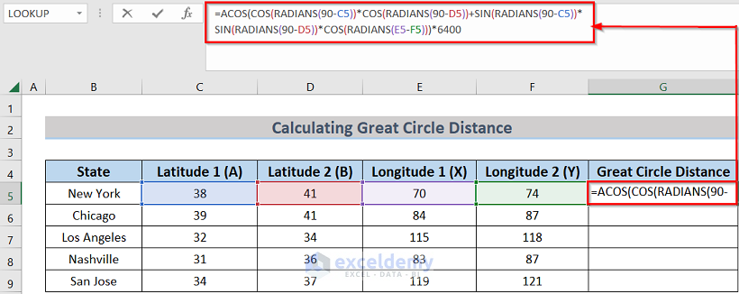 Inserting Formula to Find Great Circle Distance Using Excel Formula