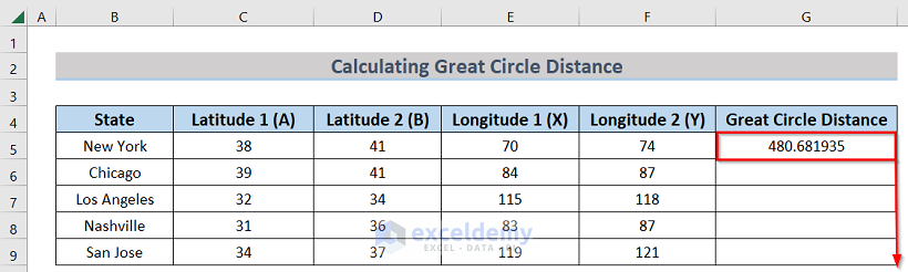 Result to Find Great Circle Distance Using Excel Formula