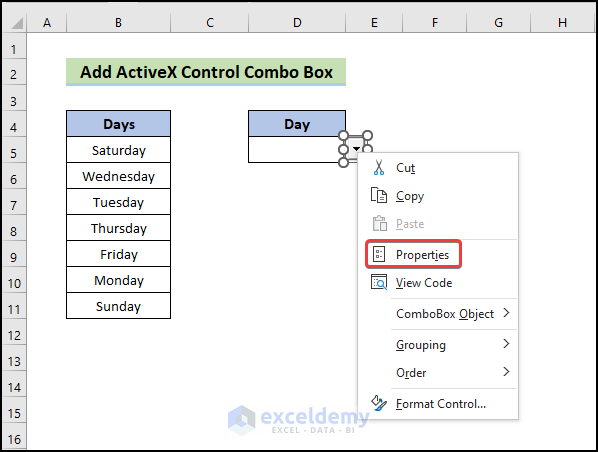 select properties to demonstrate how to add ActiveX Control ComboBox