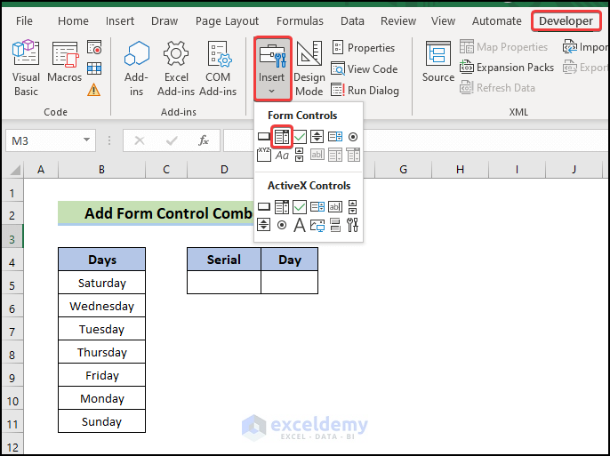 click on insert from developer tab to add combobox in excel