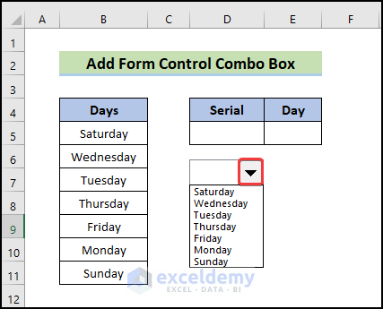 show the output to demonstrate how to Add Form Control ComboBox