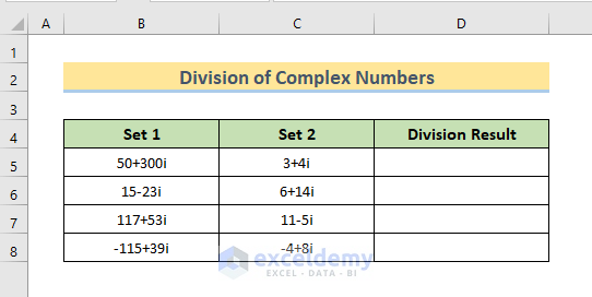 Division of Complex Numbers in Excel