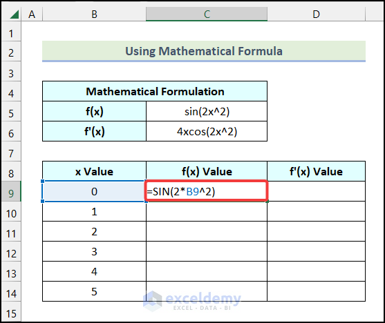 Using the SIN function to calculate derivative in excel