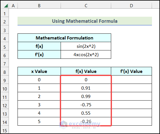 Using the Autofill option to calculate derivative in excel