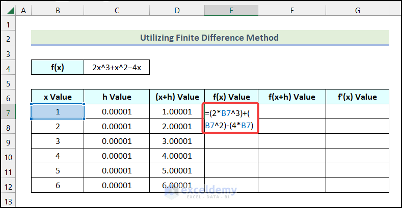 Calculating f(x) value to calculate derivative in excel