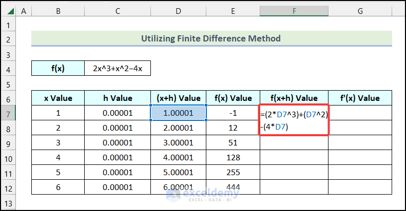 Calculating f(x+h) Value to calculate derivative in excel