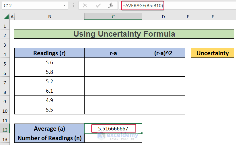 averaging values to show how to calculate uncertainty in excel
