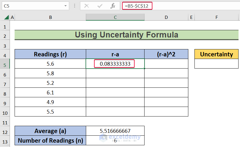 calculating difference between average and the value to show how to calculate uncertainty in excel