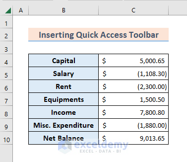 Insert Quick Access Toolbar to Change Accounting Format to Number