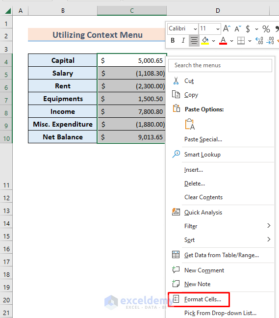 Utilize Context Menu to Convert Accounting Format to Number in Excel