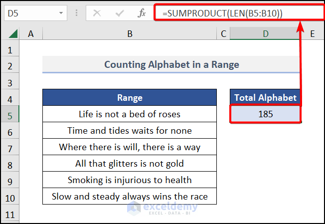 Using SUMPRODUCT and LEN Functions to count alphabet in excel sheet