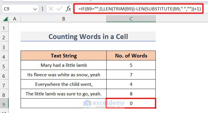 Use of LEN, TRIM & SUBSTITUTE Functions to Count Words in a Cell