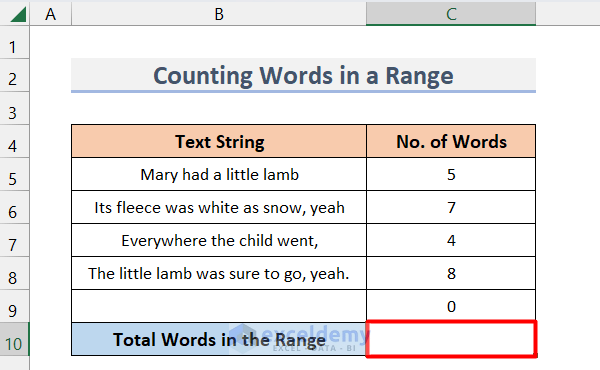 Using SUM Function to Count Words in a Range