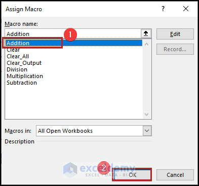 Assign macro dialog box