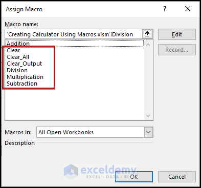 Assigning macro to create calculator using macros in Excel
