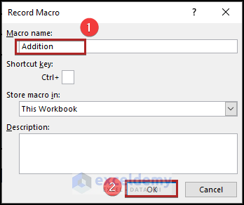 Working on Record Macros dialog box in Excel