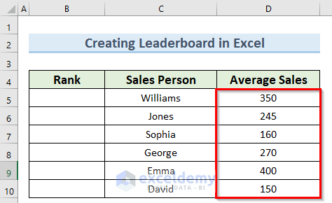 entering values to create a leaderboard in Excel