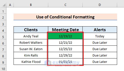 Output of Utilize Conditional Formatting Feature to Display Alerts Notifications in Excel