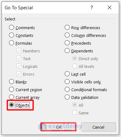Using Go to option to delete text box in excel