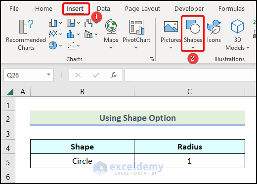 Using Shapes Option to draw a circle in excel with specific radius