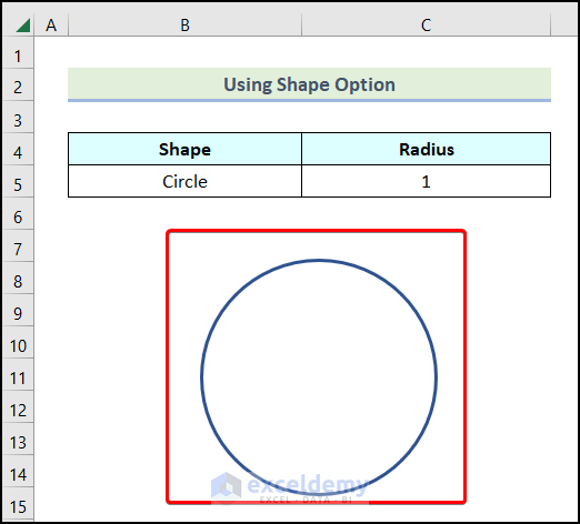 Final output of method 2 to draw a circle in excel with specific radius