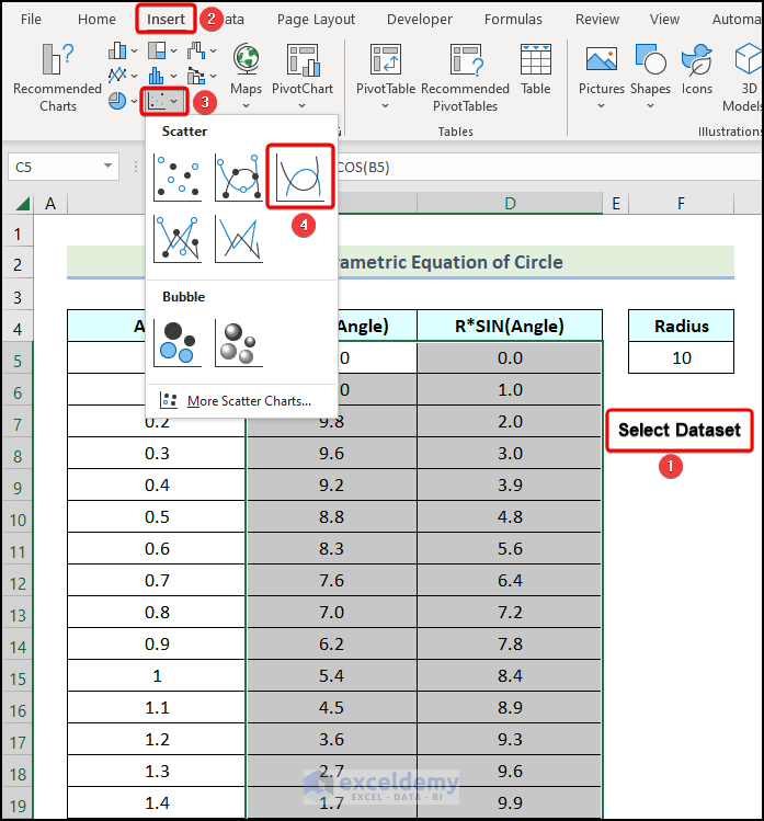 Using Scatter Chart to draw a circle in excel with specific radius